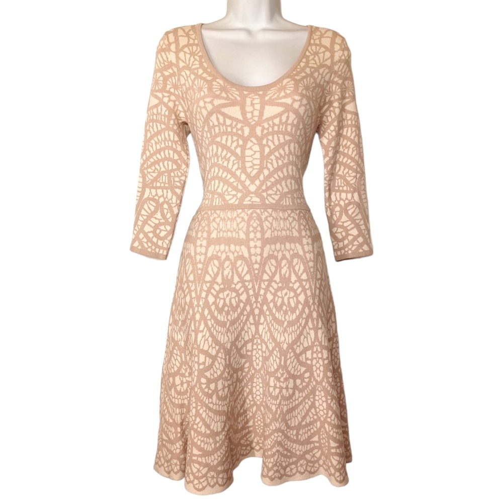 CARMEN MARC VALVO Tan Cream Print Knit Stretchy A-Line Knee Length Dress Small